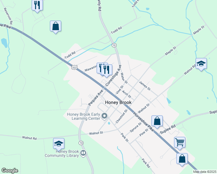 map of restaurants, bars, coffee shops, grocery stores, and more near 4711 U.S. 322 in Honey Brook