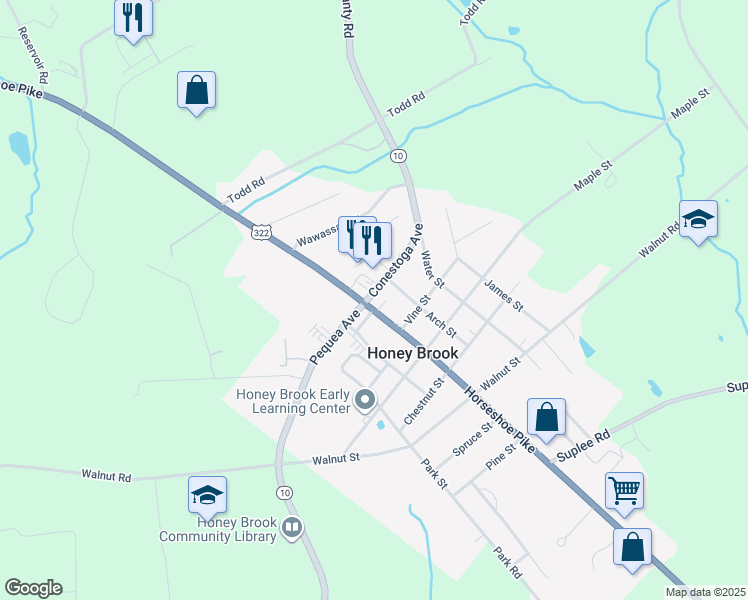 map of restaurants, bars, coffee shops, grocery stores, and more near 4711 U.S. 322 in Honey Brook