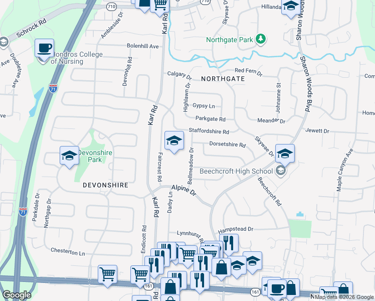 map of restaurants, bars, coffee shops, grocery stores, and more near 6321 Bellmeadow Drive in Columbus