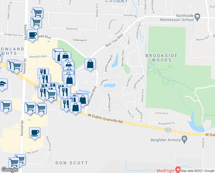 map of restaurants, bars, coffee shops, grocery stores, and more near 2303 Vicente Court in Columbus