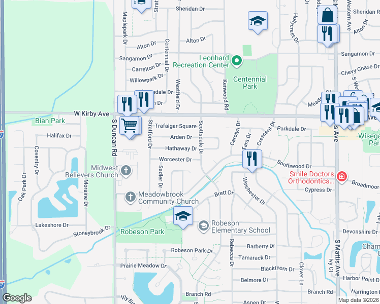 map of restaurants, bars, coffee shops, grocery stores, and more near 2506 Hathaway Drive in Champaign