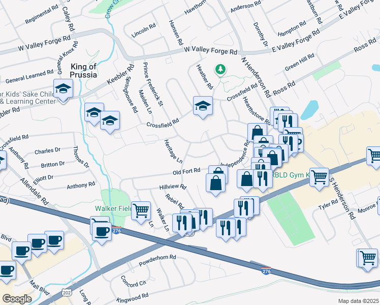 map of restaurants, bars, coffee shops, grocery stores, and more near 380 Heritage Lane in King of Prussia