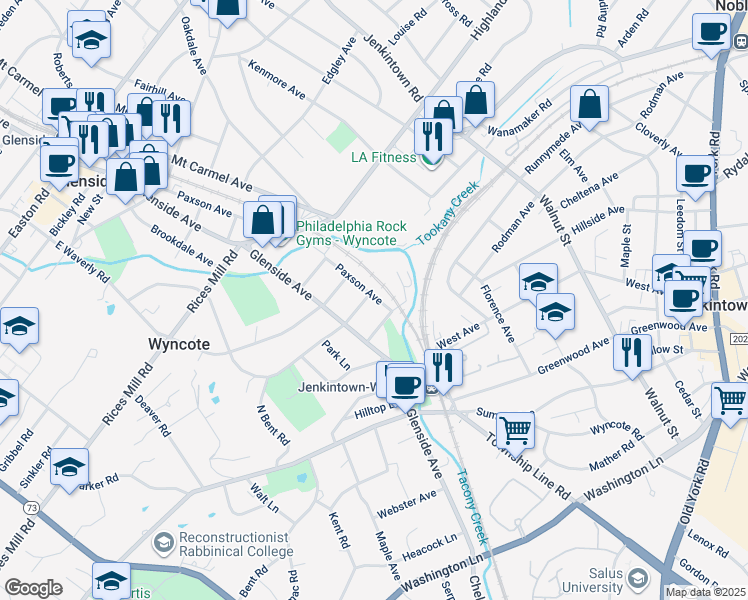 map of restaurants, bars, coffee shops, grocery stores, and more near 2 Hewett Road in Wyncote