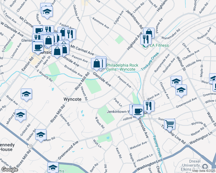 map of restaurants, bars, coffee shops, grocery stores, and more near 820 Glenside Avenue in Wyncote