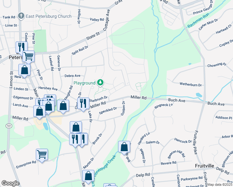 map of restaurants, bars, coffee shops, grocery stores, and more near 2568 Camas Lane in East Petersburg