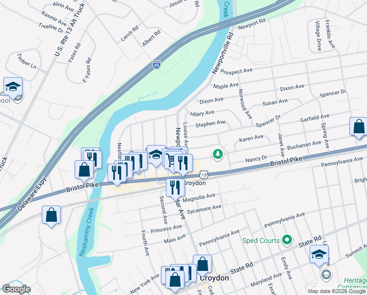map of restaurants, bars, coffee shops, grocery stores, and more near 900 Spencer Drive in Croydon