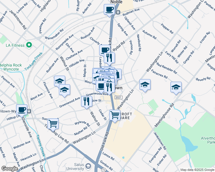 map of restaurants, bars, coffee shops, grocery stores, and more near 723 West Avenue in Jenkintown