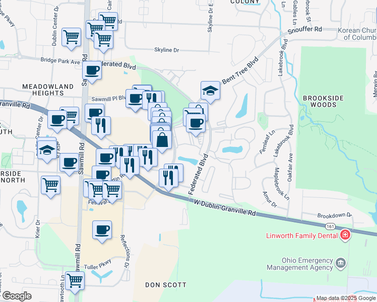 map of restaurants, bars, coffee shops, grocery stores, and more near 2330 Sawmill Place Boulevard in Columbus