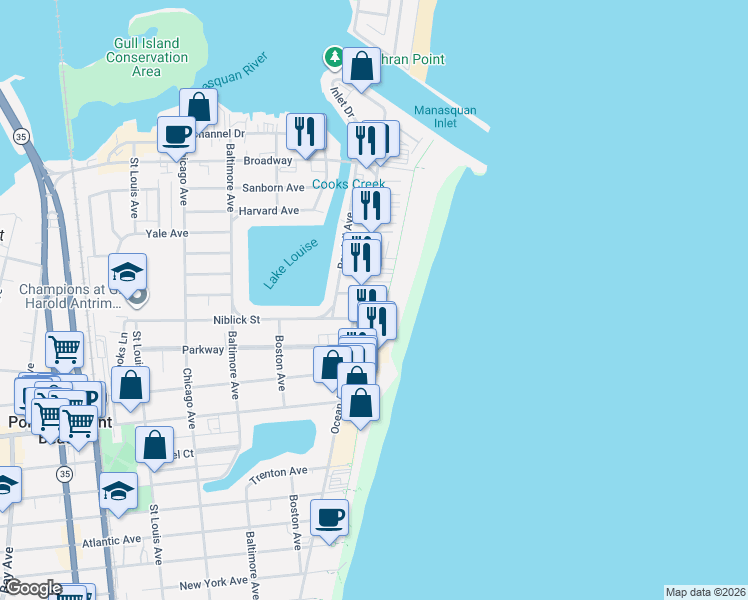 map of restaurants, bars, coffee shops, grocery stores, and more near 229 Ocean Avenue in Point Pleasant Beach