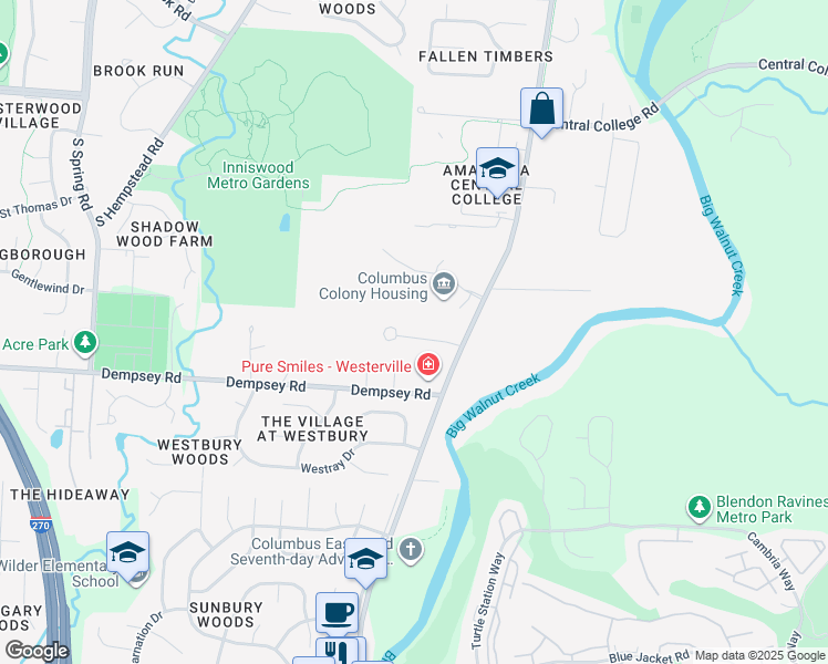 map of restaurants, bars, coffee shops, grocery stores, and more near 1228 Colston Drive in Westerville