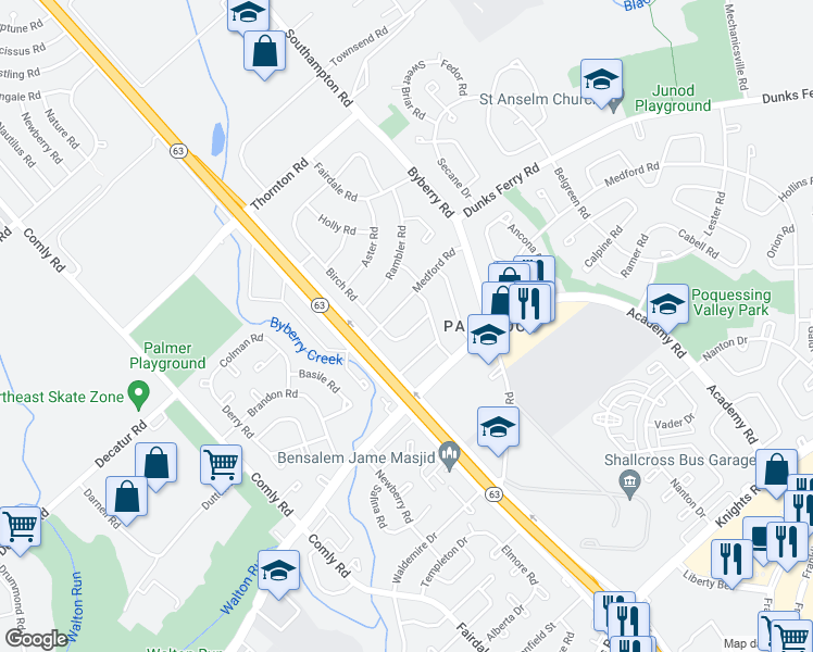 map of restaurants, bars, coffee shops, grocery stores, and more near 12114 Ranier Road in Philadelphia