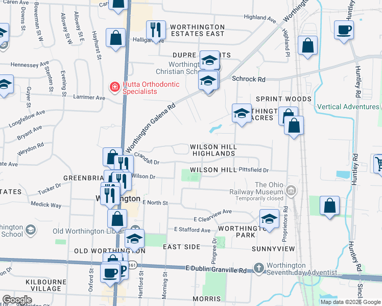 map of restaurants, bars, coffee shops, grocery stores, and more near 154 Glen Circle in Worthington