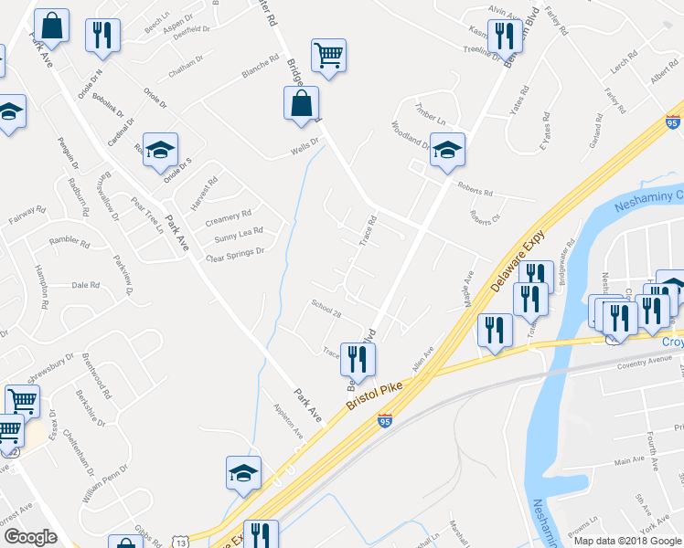 map of restaurants, bars, coffee shops, grocery stores, and more near 1128 Sheffield Court in Bensalem