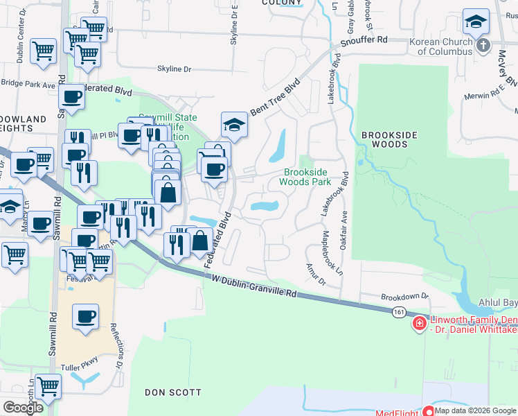 map of restaurants, bars, coffee shops, grocery stores, and more near 2306 Pinzon Place in Columbus