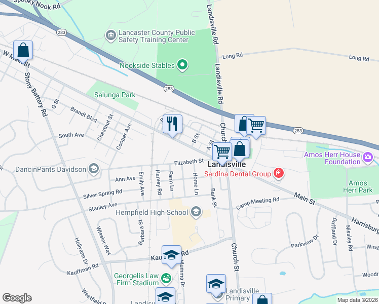 map of restaurants, bars, coffee shops, grocery stores, and more near 233 Main Street in Salunga-Landisville