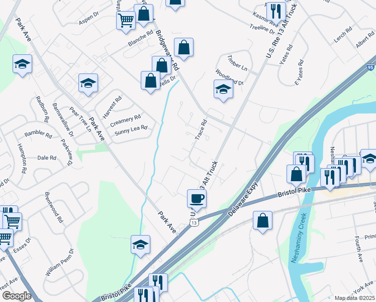 map of restaurants, bars, coffee shops, grocery stores, and more near 1130 Sheffield Court in Bensalem