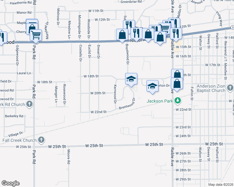 map of restaurants, bars, coffee shops, grocery stores, and more near 1909 Kerrwood Drive in Anderson