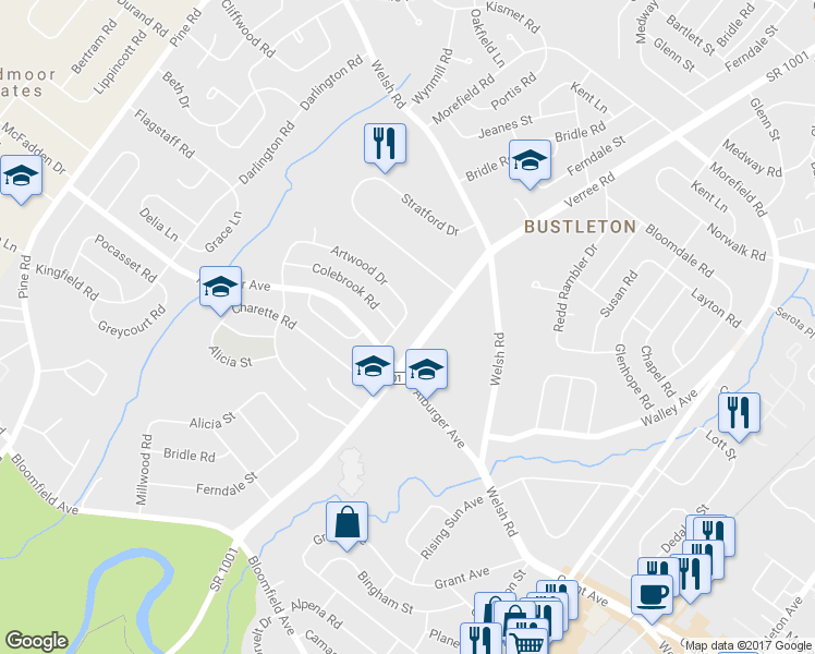 map of restaurants, bars, coffee shops, grocery stores, and more near 9115 Ferndale Street in Philadelphia