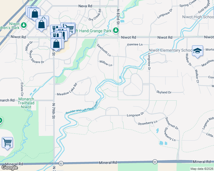 map of restaurants, bars, coffee shops, grocery stores, and more near 104 Greenwood in Niwot