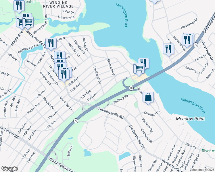map of restaurants, bars, coffee shops, grocery stores, and more near 176 16th Avenue in Brick Township