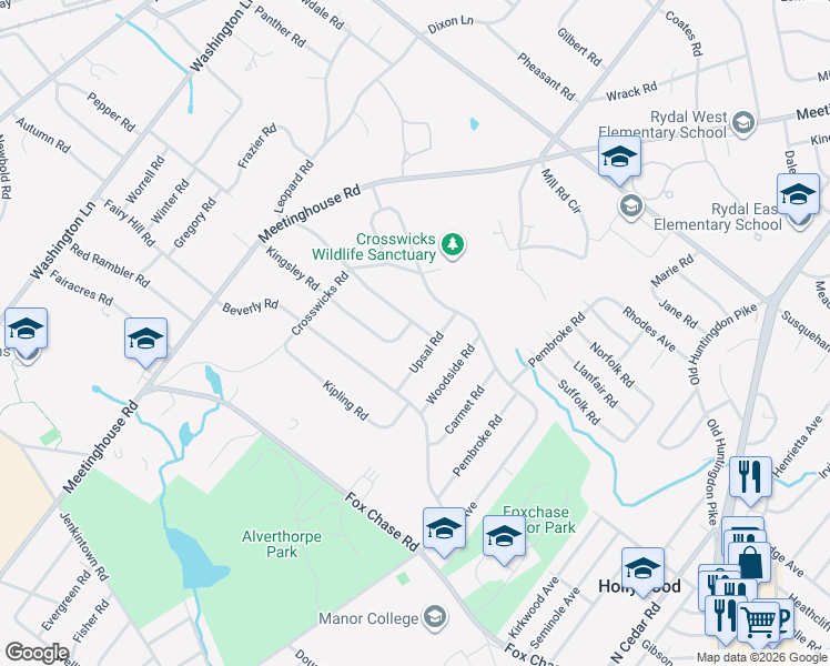 map of restaurants, bars, coffee shops, grocery stores, and more near 1011 Devon Road in Rydal