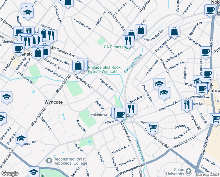 map of restaurants, bars, coffee shops, grocery stores, and more near 2 Hewett Road in Wyncote