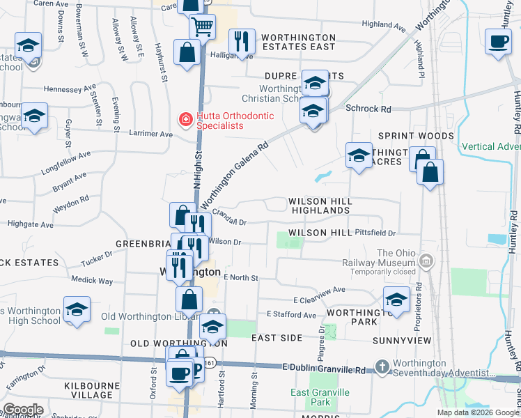 map of restaurants, bars, coffee shops, grocery stores, and more near 129 Glen Circle in Worthington