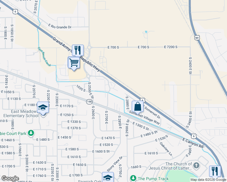 map of restaurants, bars, coffee shops, grocery stores, and more near East 1060 North in Spanish Fork