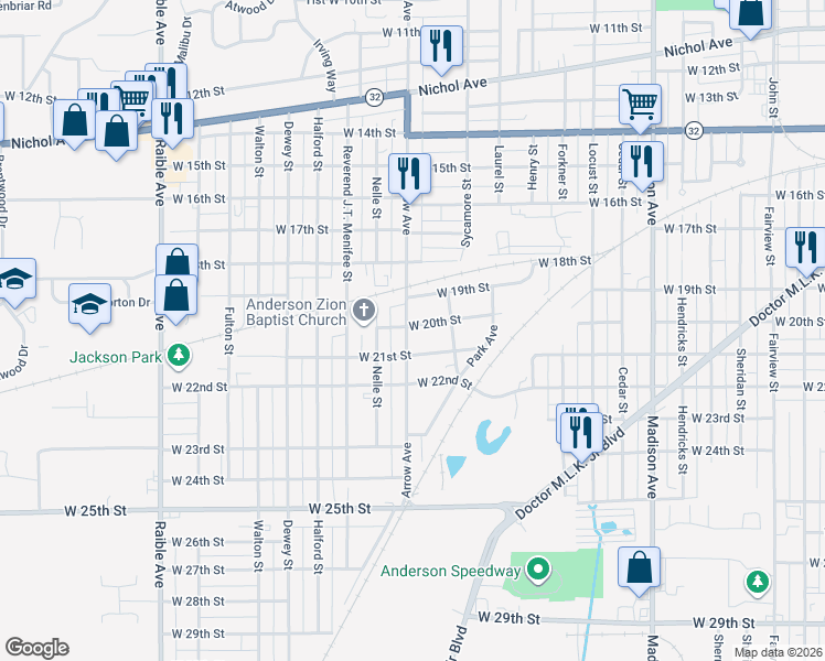 map of restaurants, bars, coffee shops, grocery stores, and more near 1632 West 20th Street in Anderson