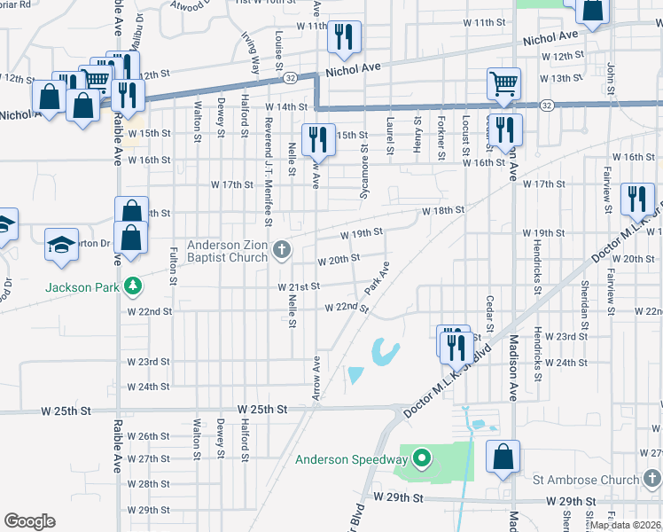 map of restaurants, bars, coffee shops, grocery stores, and more near 1633 West 20th Street in Anderson