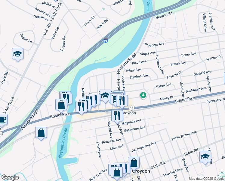 map of restaurants, bars, coffee shops, grocery stores, and more near 202 Belmont Avenue in Croydon