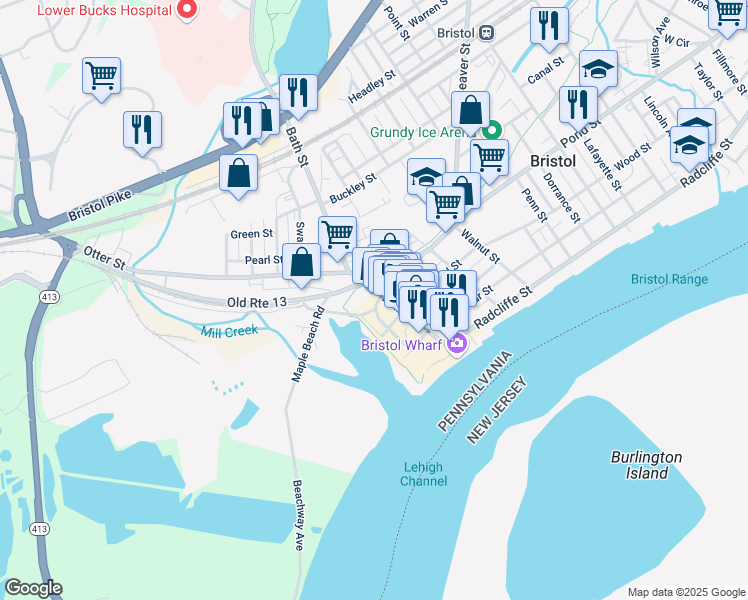 map of restaurants, bars, coffee shops, grocery stores, and more near 401 Mill Street in Bristol