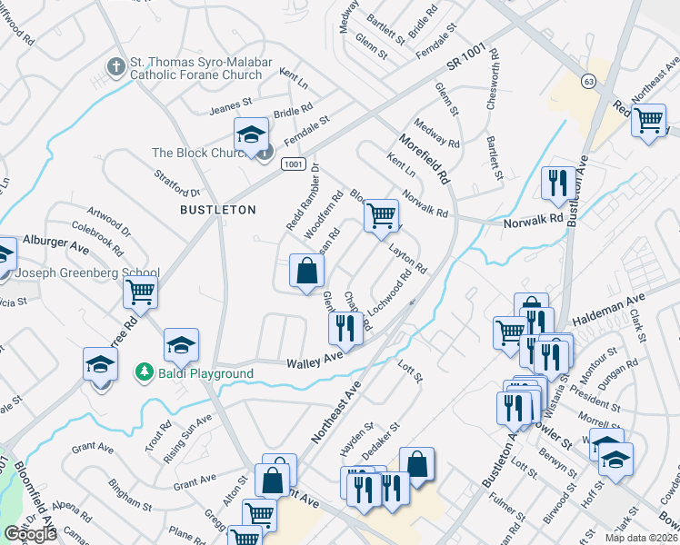 map of restaurants, bars, coffee shops, grocery stores, and more near 9743 Susan Road in Philadelphia