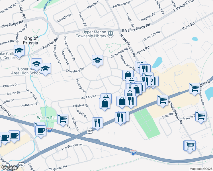 map of restaurants, bars, coffee shops, grocery stores, and more near 261 Strawberry Lane in King of Prussia