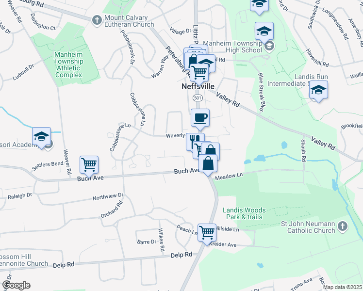 map of restaurants, bars, coffee shops, grocery stores, and more near 36 Waverly Avenue in Lancaster