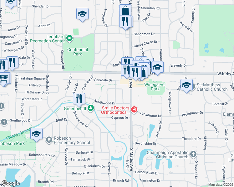 map of restaurants, bars, coffee shops, grocery stores, and more near 1621 Ridgeland Drive in Champaign