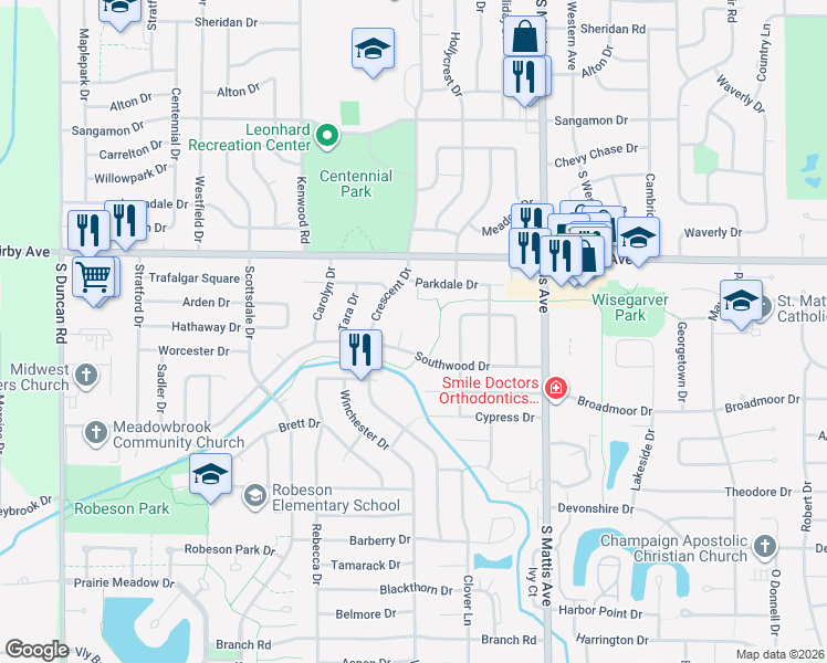 map of restaurants, bars, coffee shops, grocery stores, and more near 6 Southwood Court in Champaign