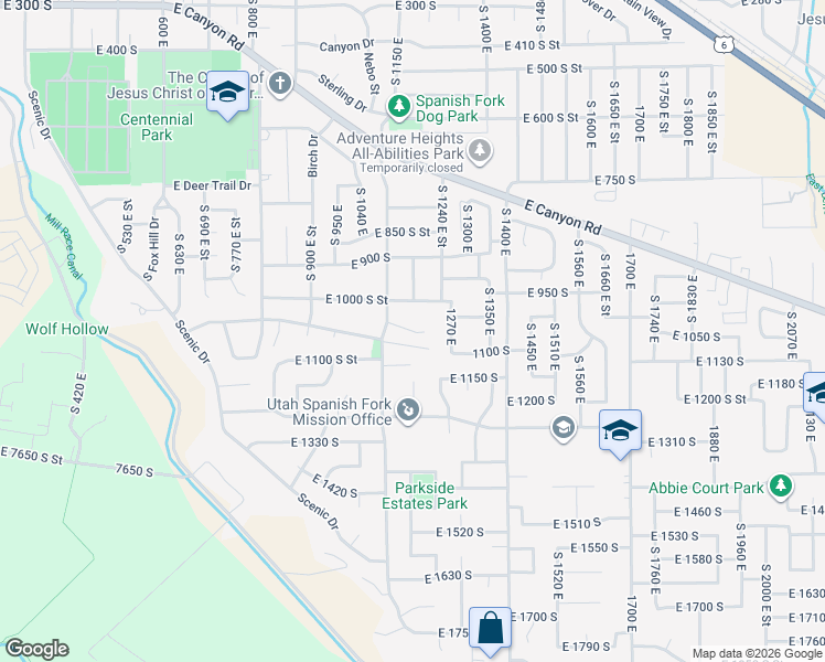 map of restaurants, bars, coffee shops, grocery stores, and more near East 1025 South Street in Spanish Fork