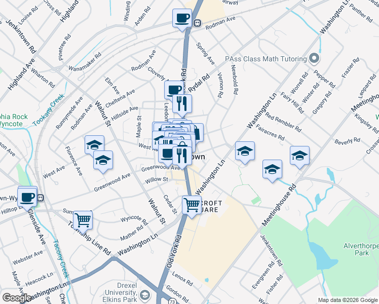 map of restaurants, bars, coffee shops, grocery stores, and more near in Jenkintown