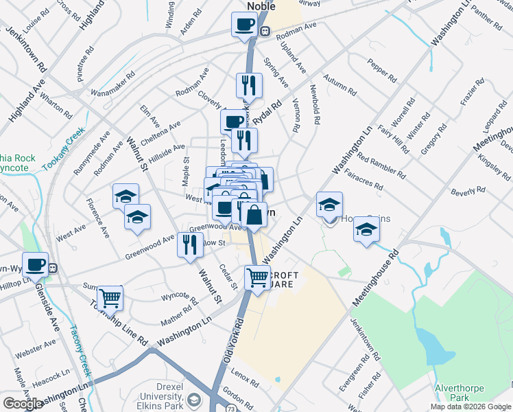 map of restaurants, bars, coffee shops, grocery stores, and more near in Jenkintown