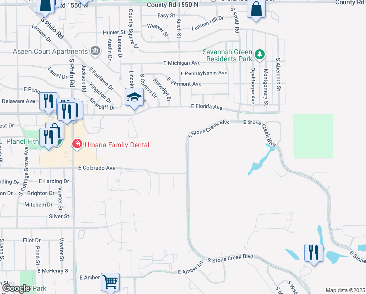 map of restaurants, bars, coffee shops, grocery stores, and more near 1808 South Stone Creek Boulevard in Urbana