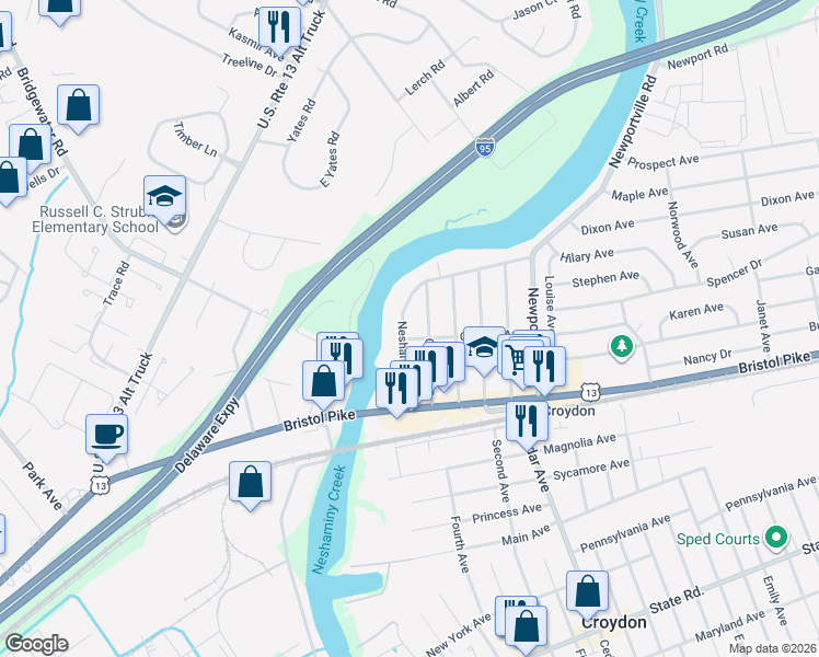 map of restaurants, bars, coffee shops, grocery stores, and more near 218 Neshaminy Road in Croydon