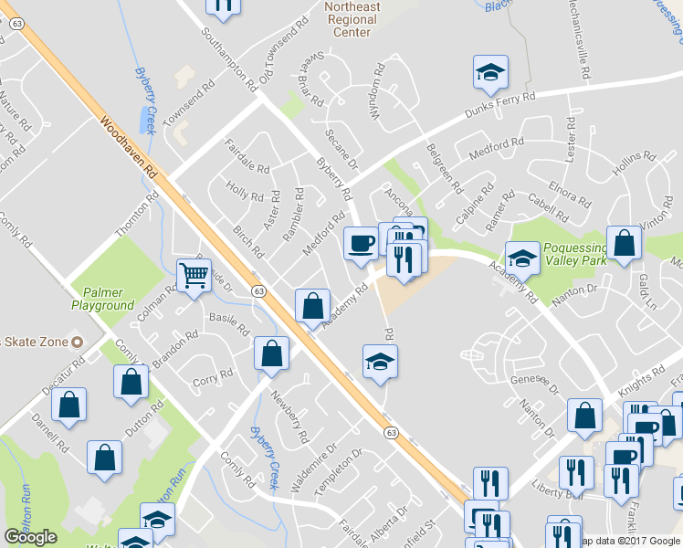 map of restaurants, bars, coffee shops, grocery stores, and more near 3350 Morning Glory Road in Philadelphia