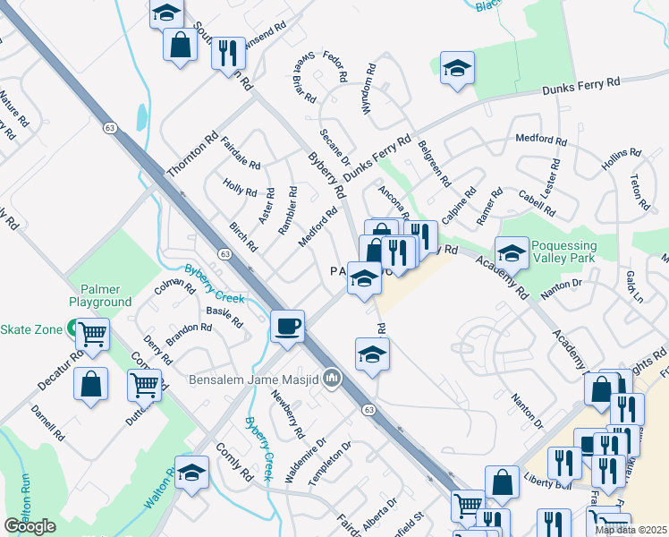 map of restaurants, bars, coffee shops, grocery stores, and more near 3350 Morning Glory Road in Philadelphia