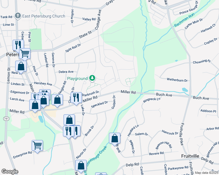 map of restaurants, bars, coffee shops, grocery stores, and more near 2568 Camas Lane in East Petersburg