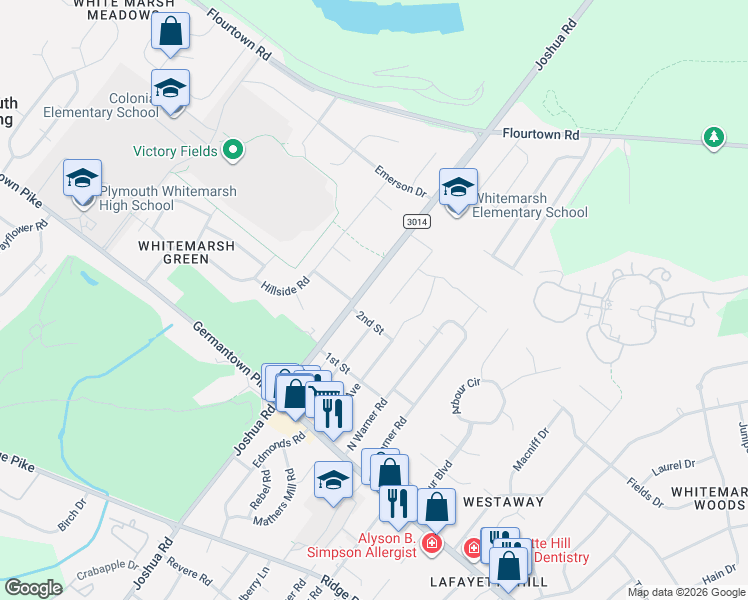 map of restaurants, bars, coffee shops, grocery stores, and more near 4040 Joshua Road in Lafayette Hill