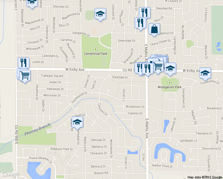 map of restaurants, bars, coffee shops, grocery stores, and more near 6 Southwood Court in Champaign