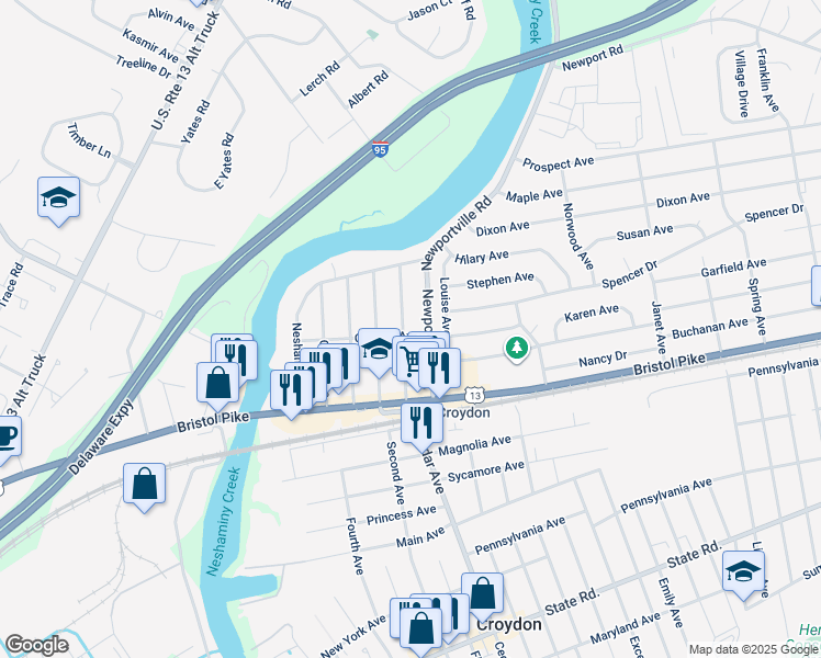 map of restaurants, bars, coffee shops, grocery stores, and more near 202 Belmont Avenue in Croydon
