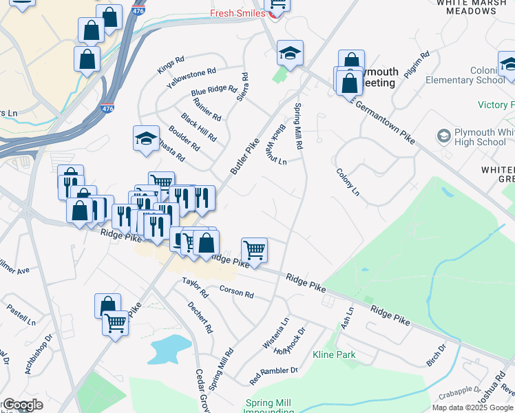 map of restaurants, bars, coffee shops, grocery stores, and more near 45 Hunter Road in Oley