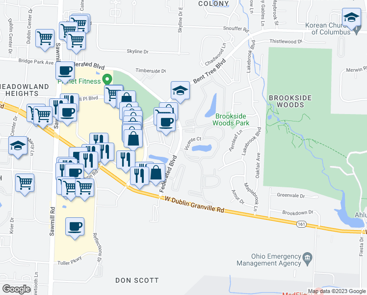 map of restaurants, bars, coffee shops, grocery stores, and more near 6850 Meadow Creek Drive in Columbus